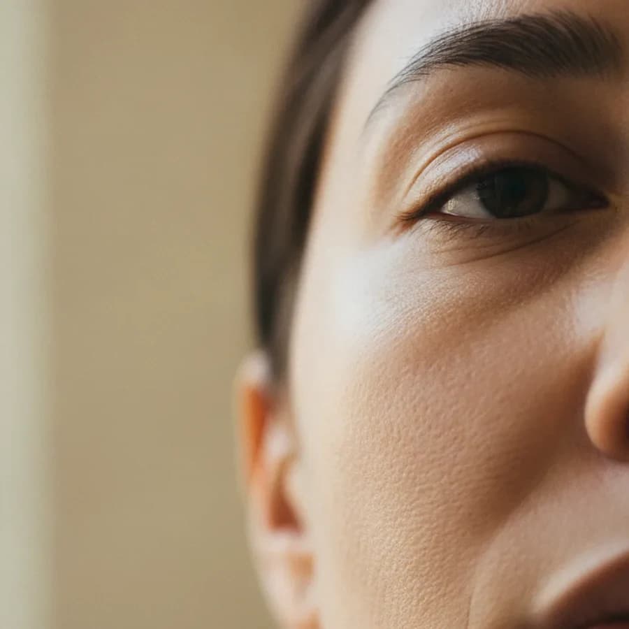 Ruhiges Gesicht im Halbprofil, abgeheilte Augenpartie