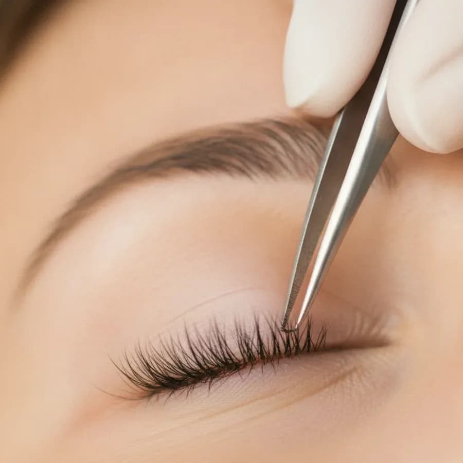 Wimpernverlängerung, einzelne Wimper wird angesetzt