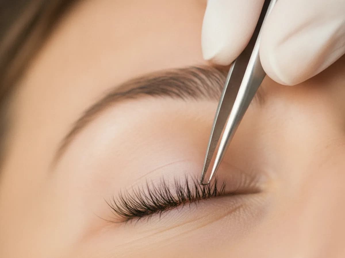 Nahaufnahme beim Ansetzen einzelner Wimpernextensions